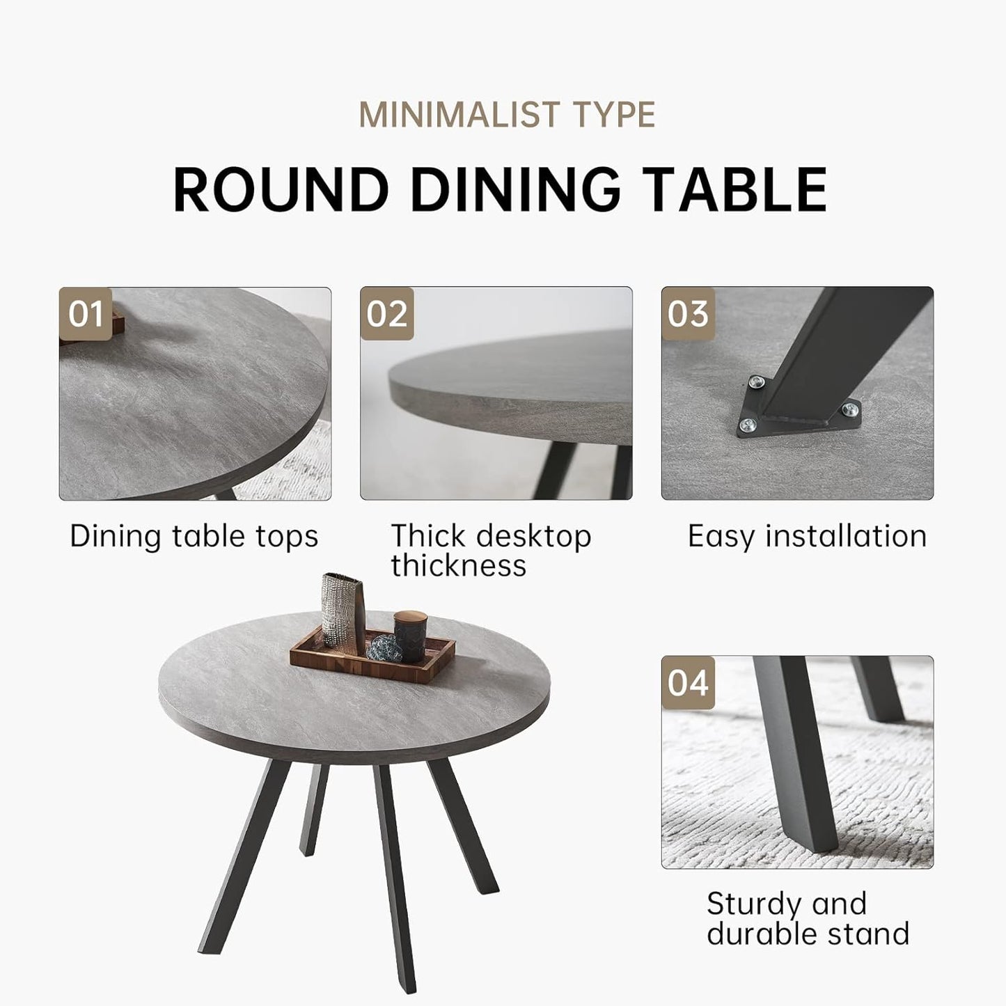 34.6'' round Dining Table and Chairs for 4, Mid Century Modern round Table Set, Space Saving for Apartment Kitchen Dining Room (Grey Table+4 Black Chairs)