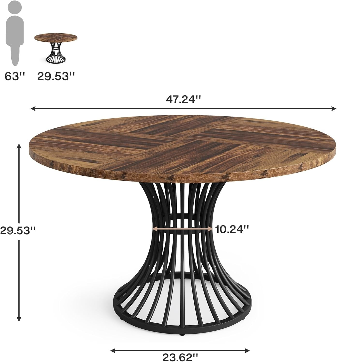 round Dining Table for 4-6 People, 47-Inch Farmhouse Dinning Room Circle Kitchen Table, Industrial Dinner Table with Metal Base for Kitchen, Living Room, Black and Brown