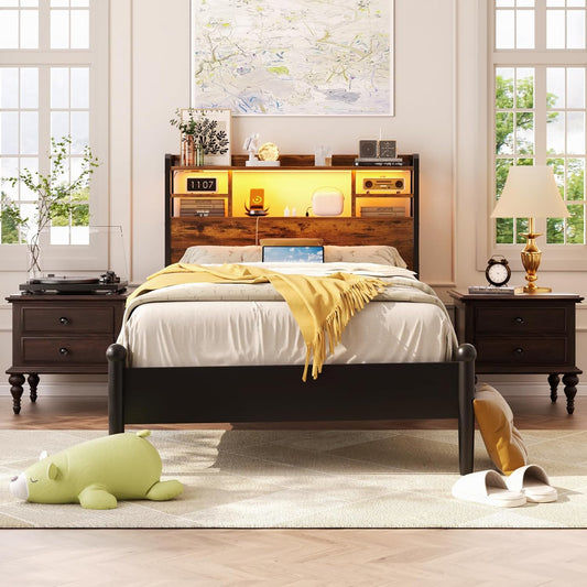 Headboard for Twin Size Bed with Storage, Headboards with LED Light, Power Outlets, USB Ports Twin Size Head Board, Wood Headboard Only Sturdy and Stable Headboards, Rustic Brown