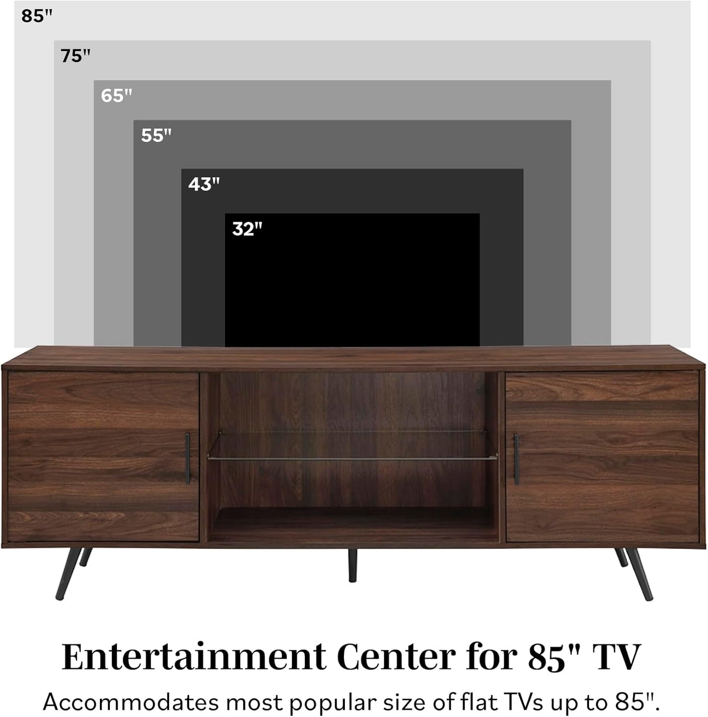 Saxon Mid Century Modern 2 Door Glass Shelf TV Stand for Tvs up to 80 Inches, 70 Inch, Dark Walnut