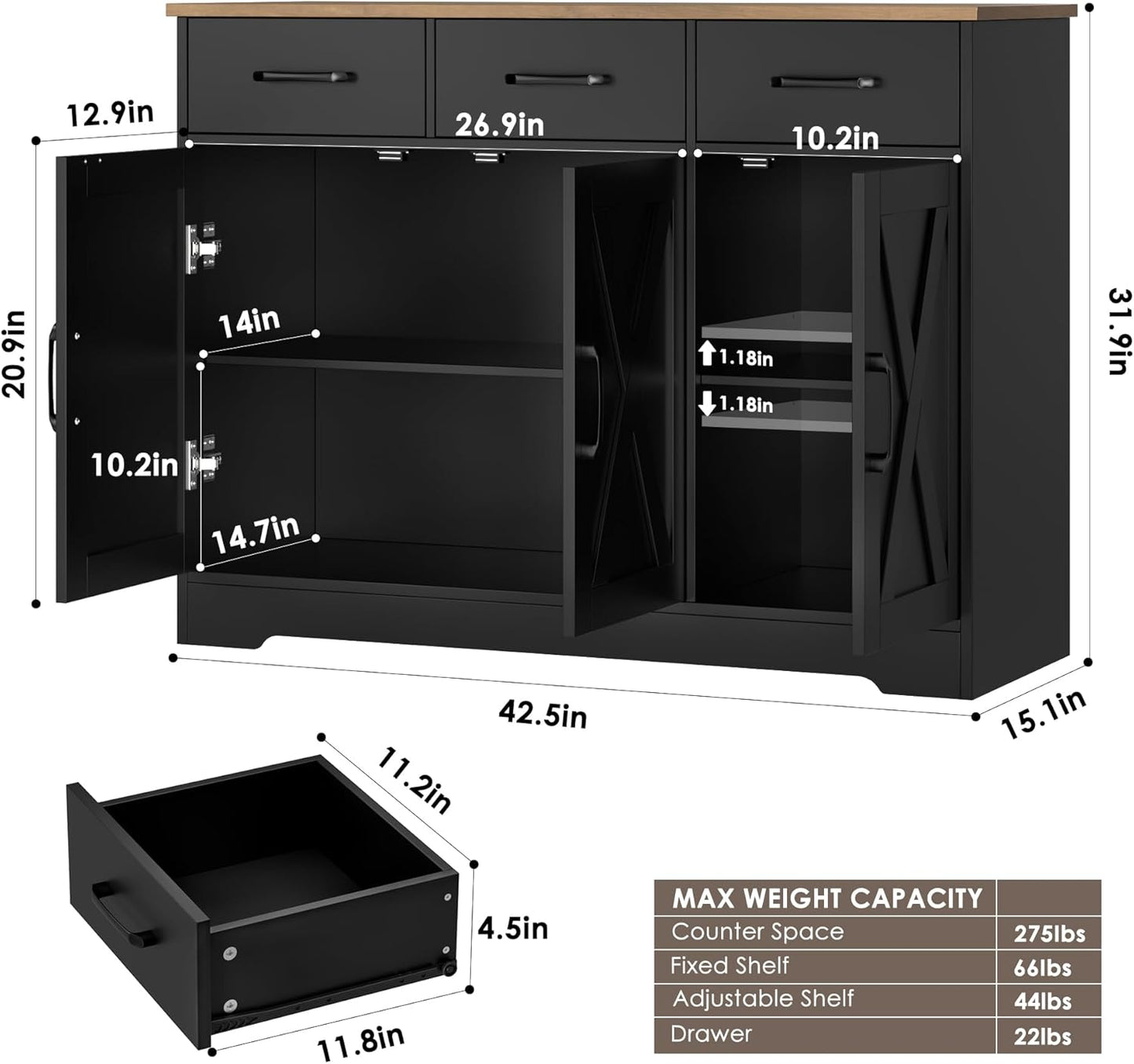 Modern Farmhouse Buffet Sideboard Cabinet, Barn Doors Storage Cabinet with Drawers and Shelves, Wood Coffee Bar with Storage for Dining Room, Kitchen, Living Room, Black/Rustic Brown