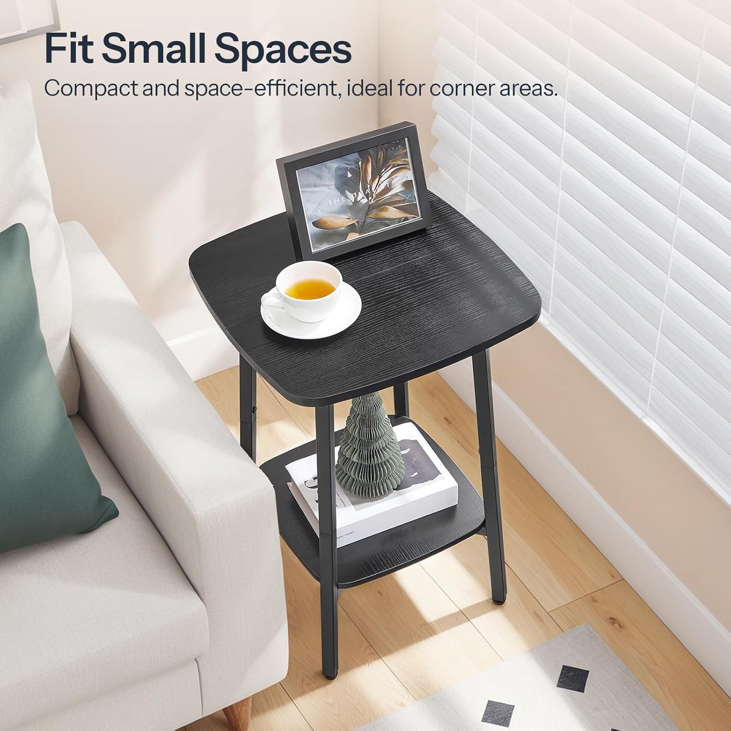 Side Table, 2-Tier Square Sofa End Table, Small Storage Nightstand, for Small Spaces, Living Room Bedroom Accent Table, Rustic Brown and Black BF181BZ01