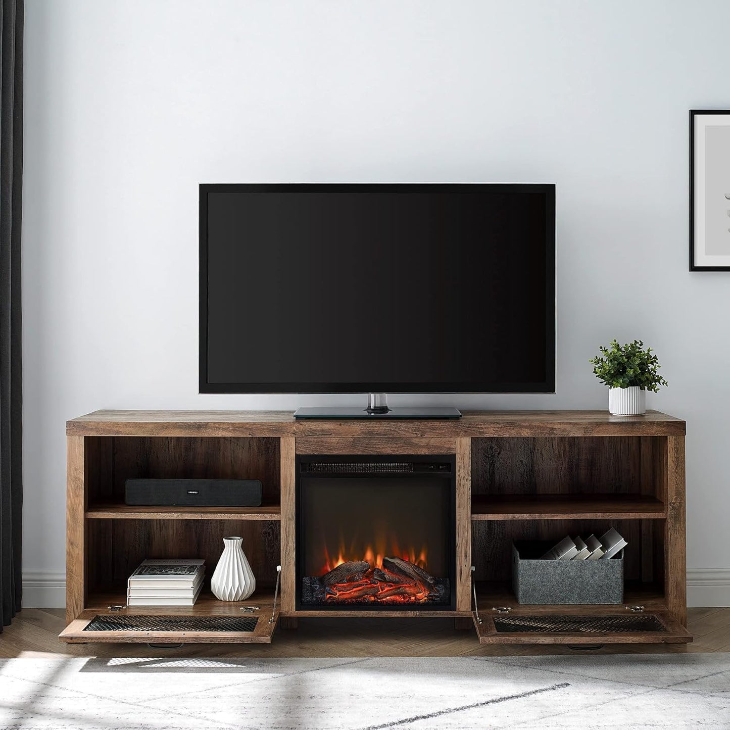 Calgary Industrial Farmhouse X-Drawer Metal Mesh and Wood Fireplace TV Stand for Tvs up to 80 Inches, 70 Inch, Rustic Oak