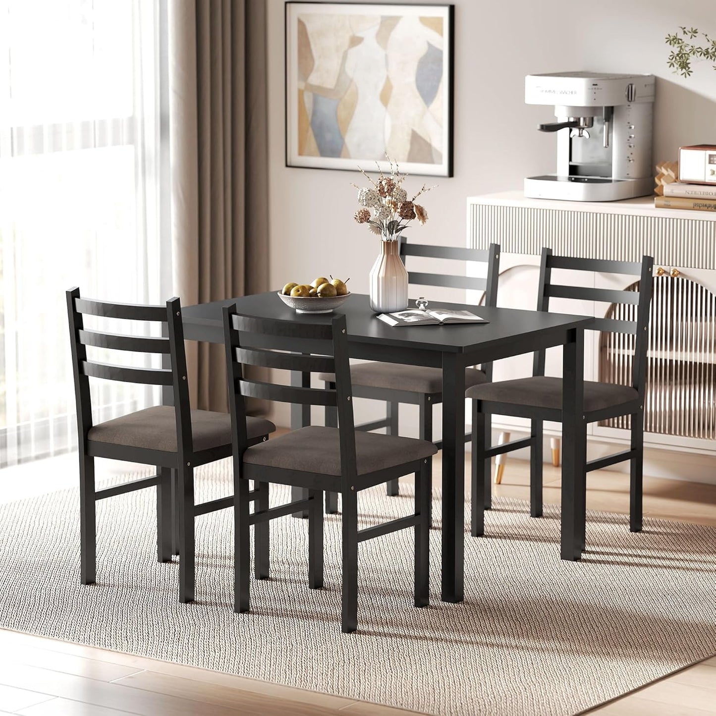 5-Piece Dining Table Set for 4 with Solid Wood Frame, Farmhouse Kitchen Table Set with 4 Upholstered Padded Chairs for Small Space, Dining Room, Breakfast Nook, Black