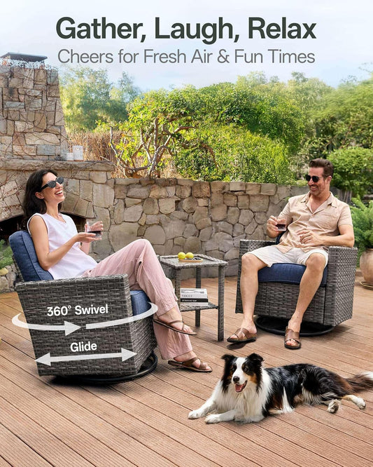 Luxury 3-Piece Patio Furniture Set with 6-Inch Thick Cushions, Outdoor Swivel Rocker Chairs Set, Wicker Conversation Set for Porch, Deck, Balcony, Yard in Blue