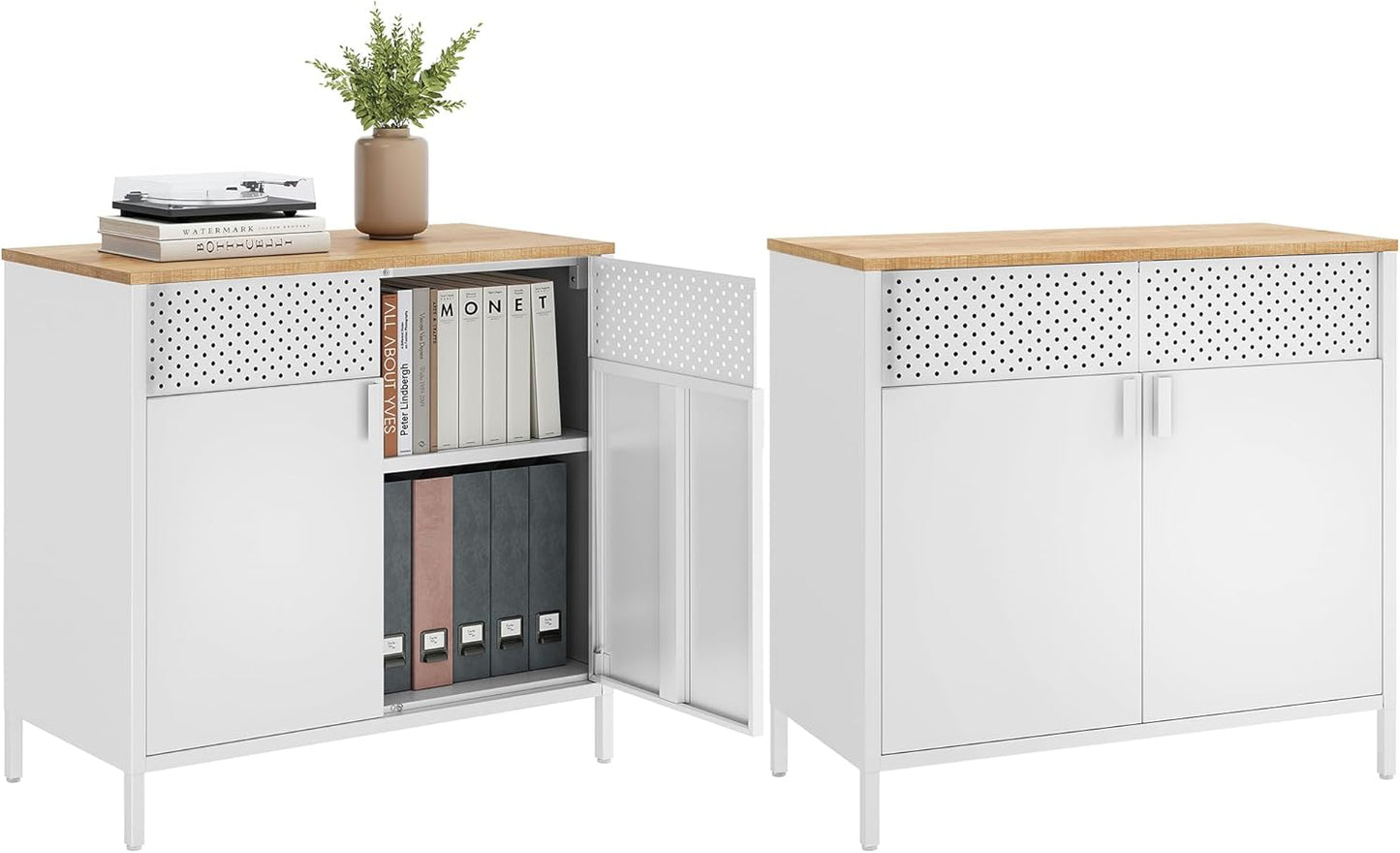 Set of 2 Storage Cabinets, Metal Cabinet, Sideboard with 2 Doors, 15.7 X 31.5 X 29.9 Inches, Magnetic Closure, Adjustable Shelf, Steel Frame, Rustic Brown and Black ULSC791B01