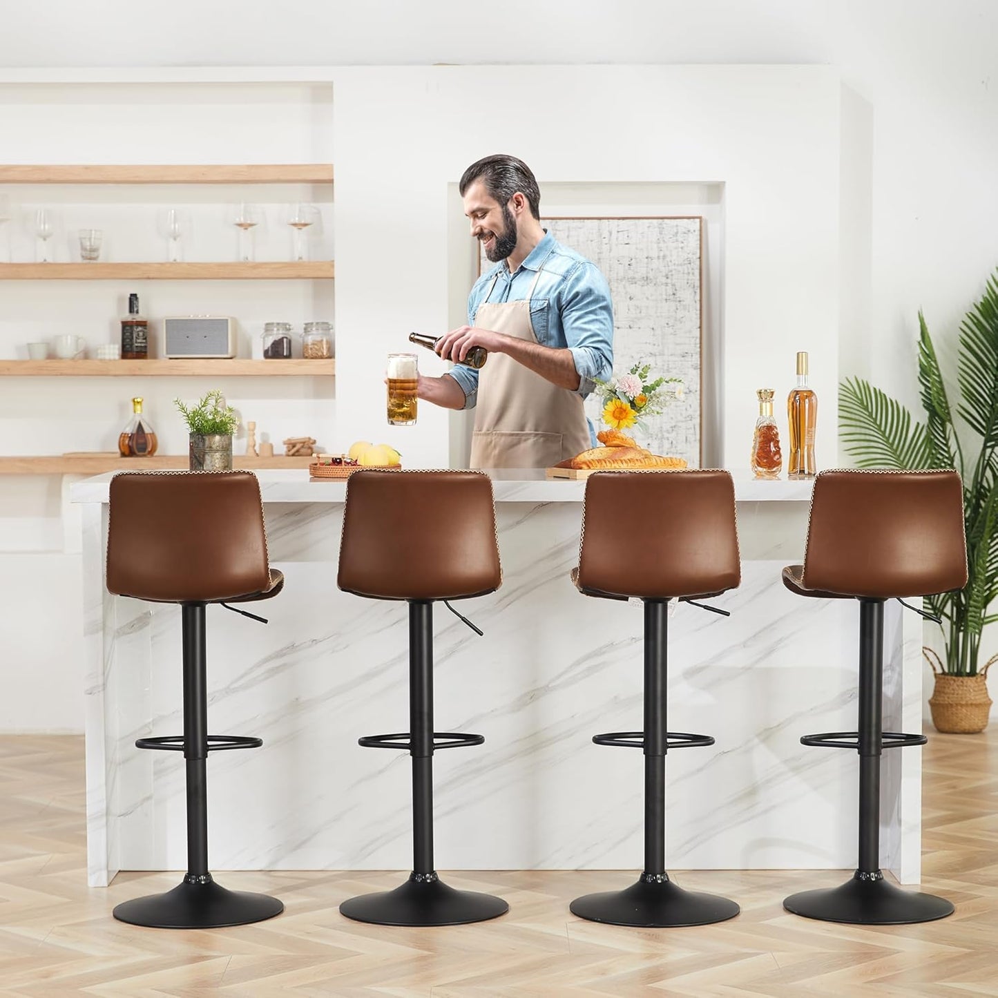 Bar Stools Set of 3, Swivel Counter Height Barstools with Back, Adjustable Height 24" to 32", Brown Faux Leather Bar Chairs for Kitchen Island (Brown, Set of 3 (24'' to 32''))