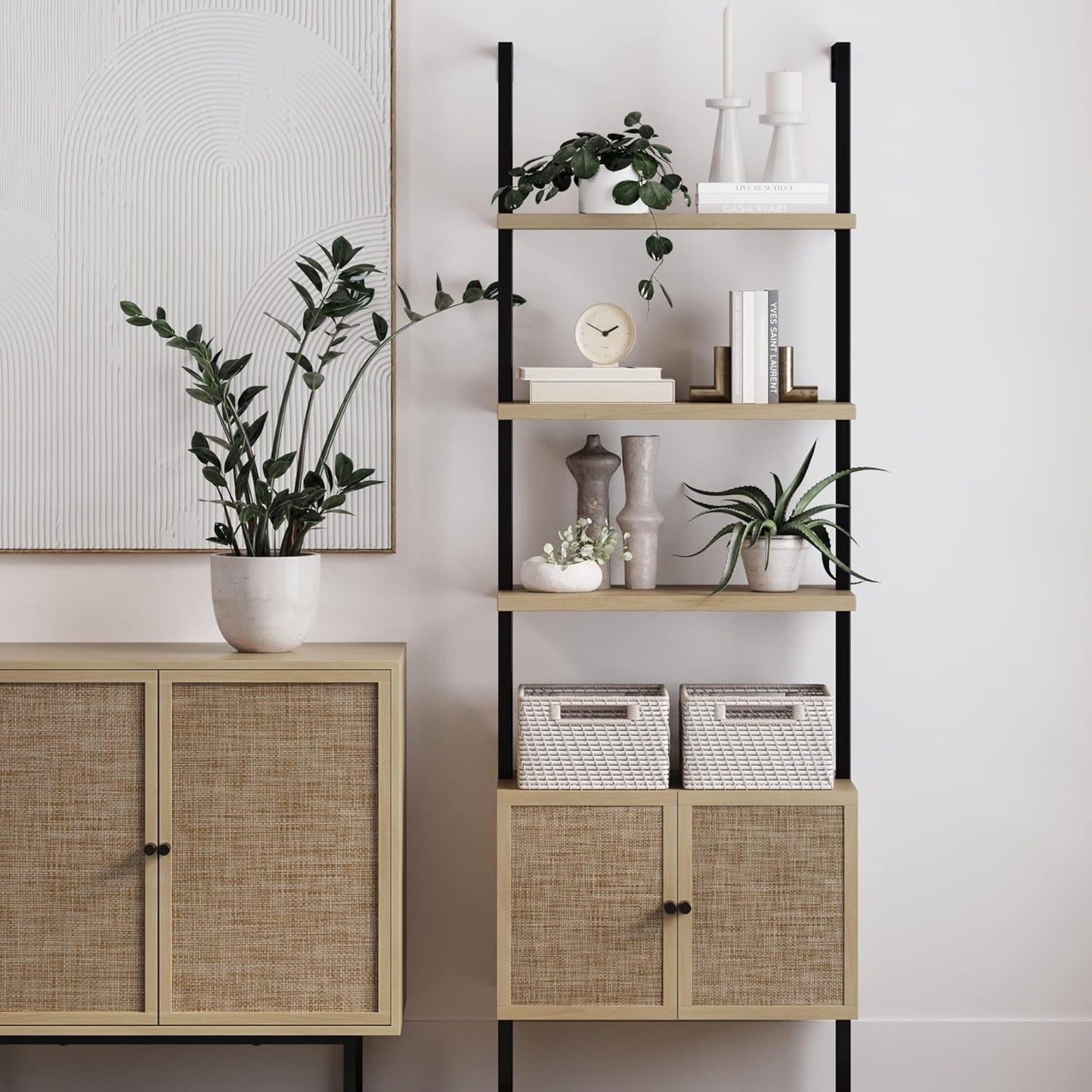 Theo Ladder 3 Tier Open Bookshelf with Rattan Drawers and Matte Steel Frame, Light Oak/Black