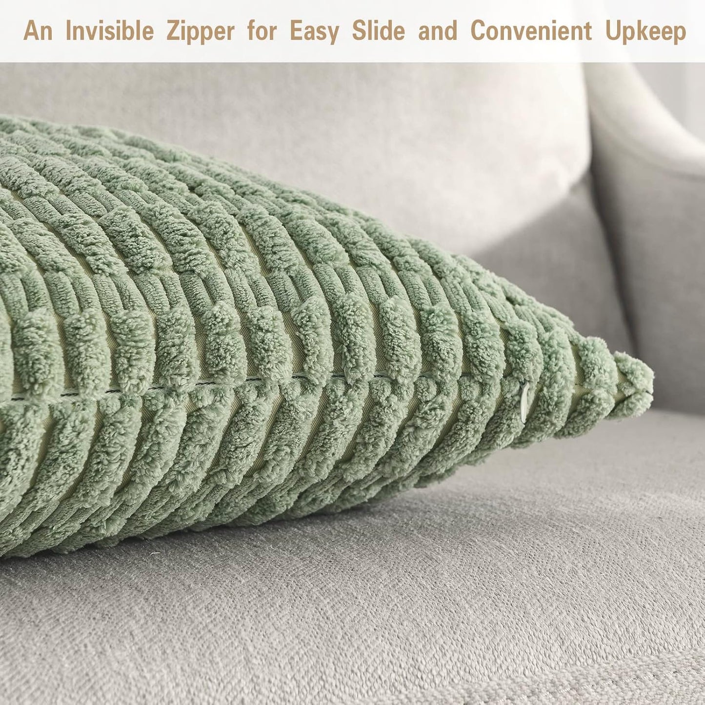 Pack of 2 Sage Green Decorative Throw Pillow Covers 18X18 Inch, Soft Corduroy Striped Square Cushion Cases, Modern Farmhouse Boho Home Decor for Spring Couch Bed Sofa Living Room