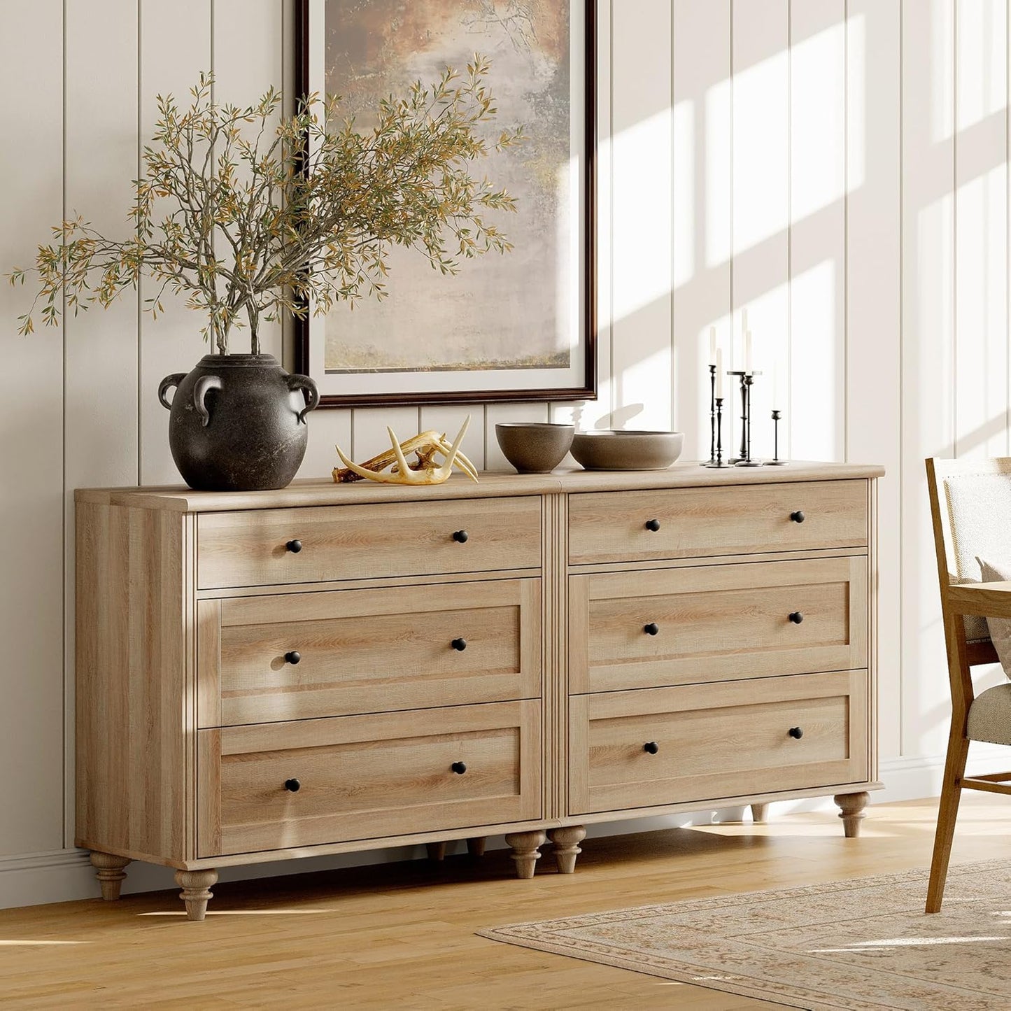 3 Piece Bedroom Set - Includes Farmhouse 7 Drawer Dresser, Set of 2 Bedside Tables with 3 Drawers, 3 Piece Dresser and Nightstand Sets, Oak