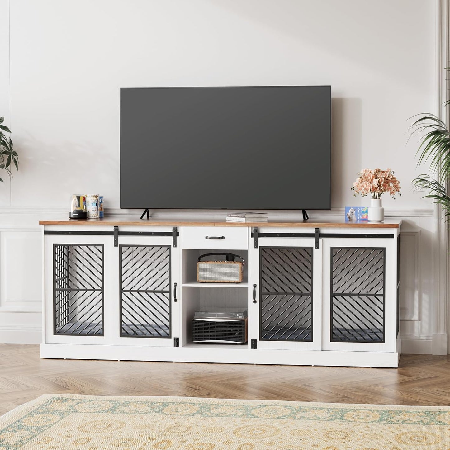 86" Dog Crate Furniture for 2 Dogs,Heavy Duty Indoor Dog Kennel End Table,Wooden Double Dog Cage Furniture Large Breed,Tv Stand with Divider & Storage Drawer