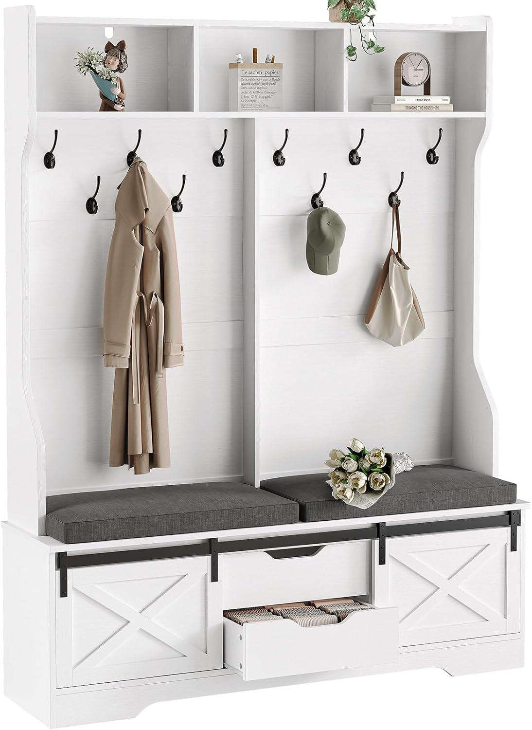 Hall Tree with Bench and Shoe Storage, Entryway Bench with Coat Rack, Modern Farm House Barn Door 3-In-1 Hall Tree with Storage Cushioned Stool and Hooks for Hallway, Living Room (60IN)