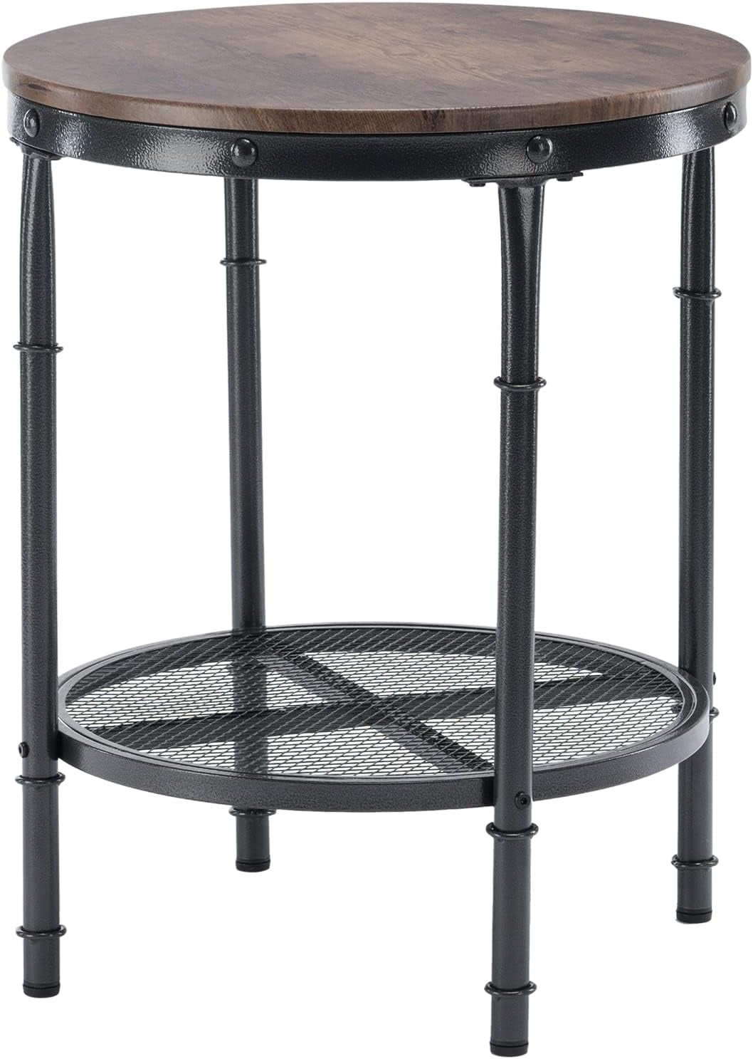 20" Side Table, round End Tables Living Room, Industrial Small End Table with Metal Mesh, Rustic Farmhouse Side Tables for Bedroom, Office, Corner, Walnut
