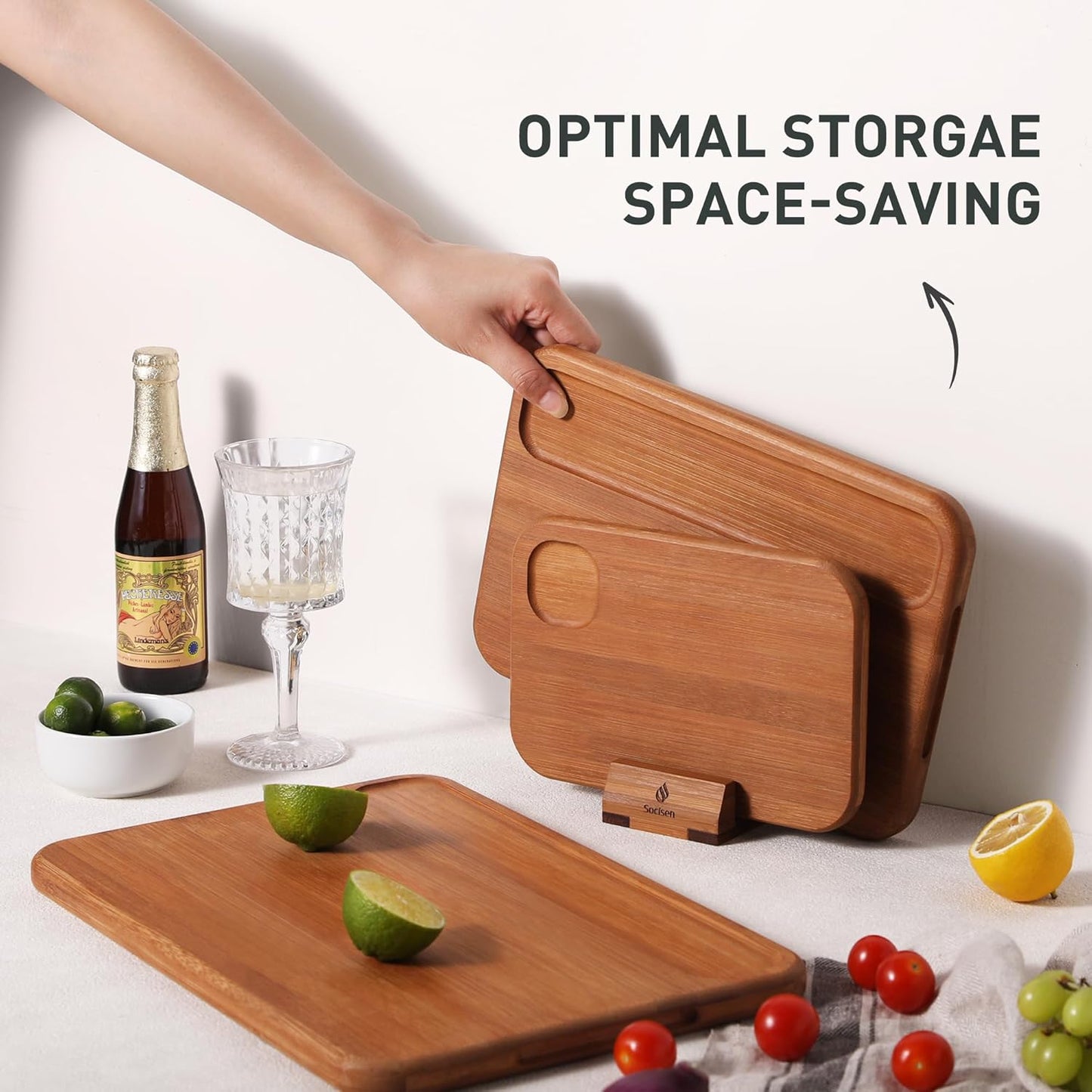 3 Packs Bamboo Cutting Board Set with Holder Nice Solid Thick Wood Deep Juice Groove & Built-In Handles Chopping Board Large Big Small Best Hardwood Kitchen Counter Organic Vegetable Meat BBQ Kit