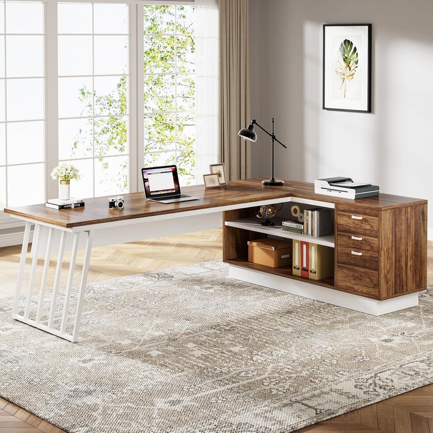 71-Inch Executive Desk, L-Shaped Desk with Cabinet, Large Office Desk with Drawers and Storage Shelves, Writing Table Computer Desk for Home Office, Brown and White