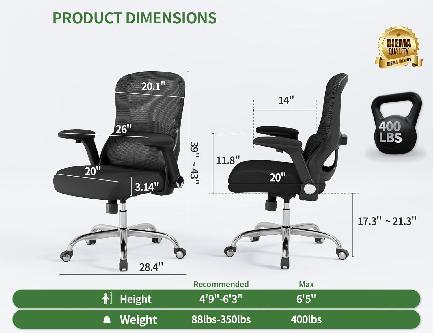 Office Chair Ergonomic Desk Chair Comfy: 400LBS Mesh Computer Chair Ergonomic Gaming Chairs with Wheels Adjustable Lumbar Support and Flip up Armrest-Swivel Executive Chairs Long Hours(Black)