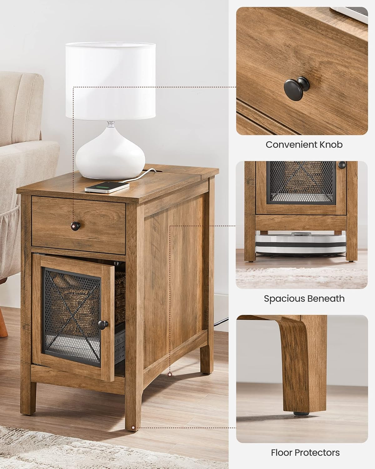 Side Table with Storage, End Table with USB Ports and Outlets, Nightstand with Charging Station, Drawer, Storage Cabinet, Magazine Rack, for Living Room, Bedroom, Rustic Walnut ULET312T41