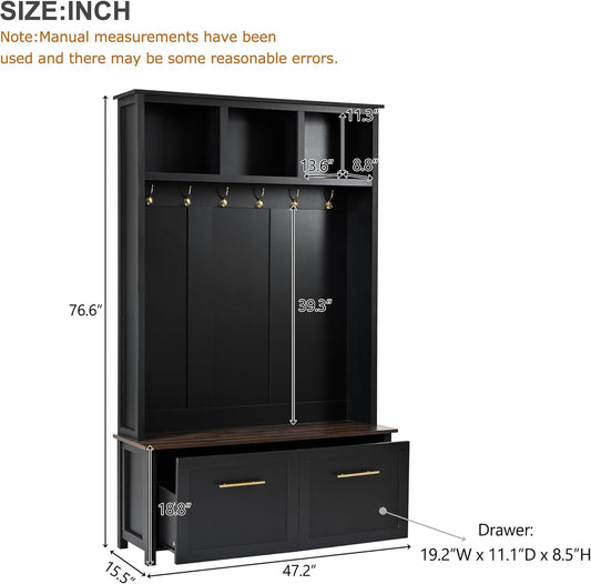 Modern 4-In-1 Storage Hall Tree with Bench, Versatile Multiple Space with 6 Golden Hooks, 2 Drawers, Entryway Coat Rack for Living Room, Hallway, Black
