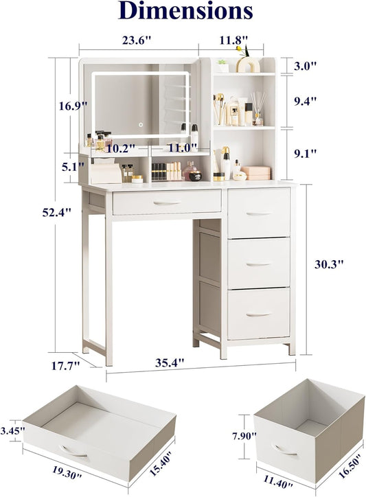 Vanity Desk with Mirror and Lights - Large Capacity Makeup Vanity with 4 Fabric Storage Drawers & 3 Lighting Modes, Vanity Table Set with Sturdy Metal Frame for Bedroom, White, 35" X 17" X 52"