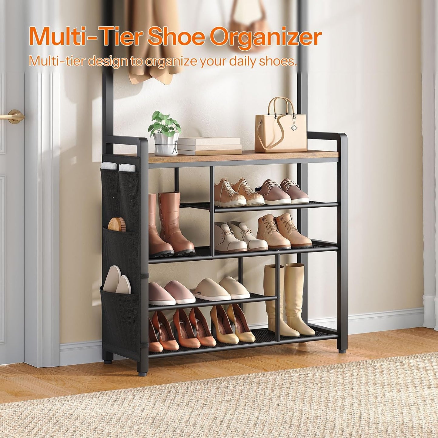 Hall Tree with Bench, Shoe Rack with Coat Rack, Coat Rack with Shoe Storage, 5 Tier Shoe Storage Organizer with Oxford Fabric Side Pockets, Coat and Shoe Rack Entryway, Rustic Brown BF45MT01