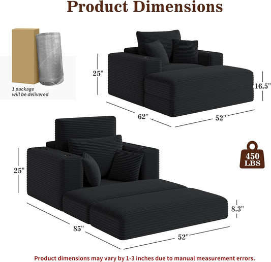 52" Boneless Chaise Lounge Chair Indoor — Oversized Cloud-Like Cozy Comfy Modular 3-In-1 Sofa Bed for Reading, Living Room & Bedroom Corduroy Couch Sleeper, Black