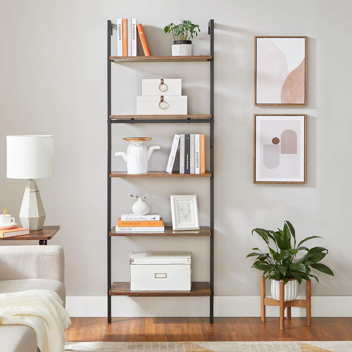 Industrial Ladder Shelf, 5-Tier Bookshelf, Wood Wall Mounted Shelf, Storage Rack Display Shelves for Living Room, Home Office, 23.6 X 11.8 X 67.7 Inches, Rustic Brown and Black ULLS102B01
