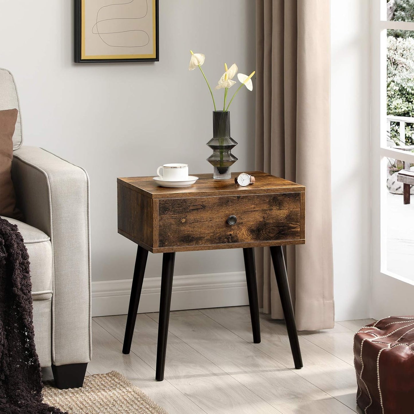 Nightstand, Sofa Side Table, End Table with a Drawer and Tapered Legs, Retro Style, for Bedroom, Rustic Brown ULET176B01