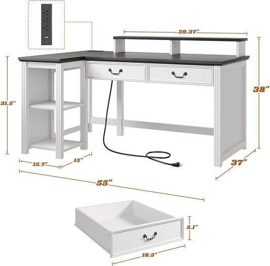 55" L Shaped Farmhouse Computer Desk with Drawers, Office Desk with Long Monitor Stand & Storage Shelves for Bedroom, Desk for Home Office, Desks with Power Outlets & LED Lights, Study Room