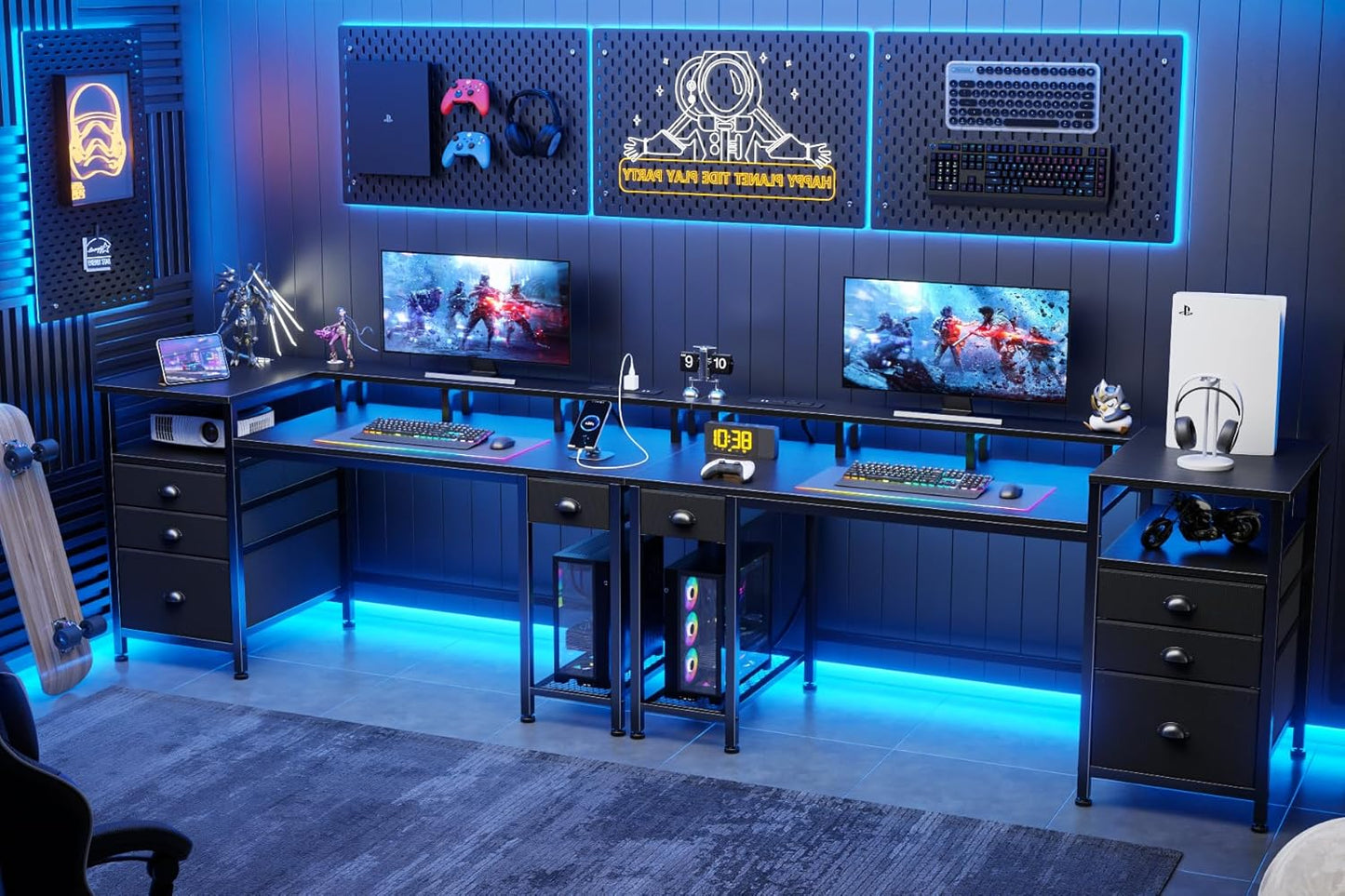 60" Black Computer Desk with 4 Drawers and Printer Space, Gaming Desk with LED Lights and USB Power Outlets, Home Office Desk with Fabric File Cabinet,Study Work Table with Shelf for Bedroom