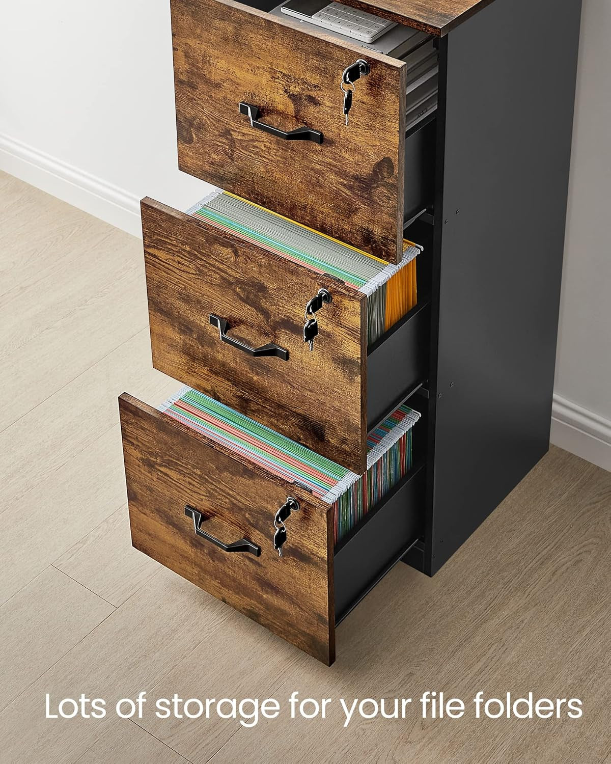 1 Drawer File Cabinet with Lock, Printer Stand, Office Filing Cabinet Organizer, for A4 and Letter Size Documents, Rustic Brown and Black UOFC044B01