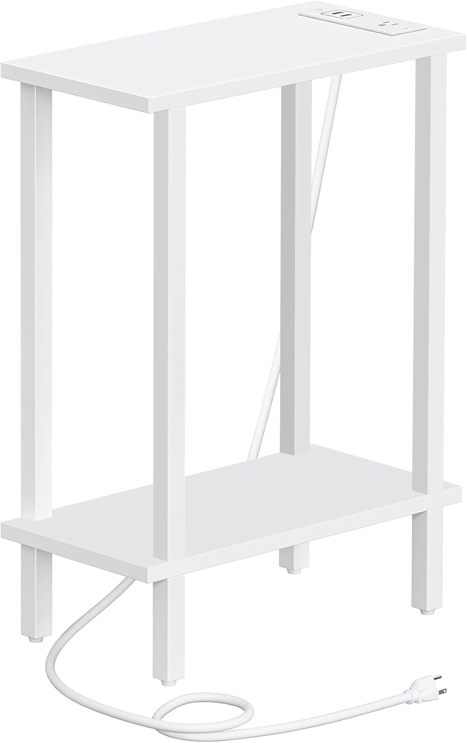 Small End Table with Charging Station, Narrow Side Table with USB Ports and Outlets, Skinny Sofa Table, Slim Nightstand, Living Room, Bed Room, White TB01BW060