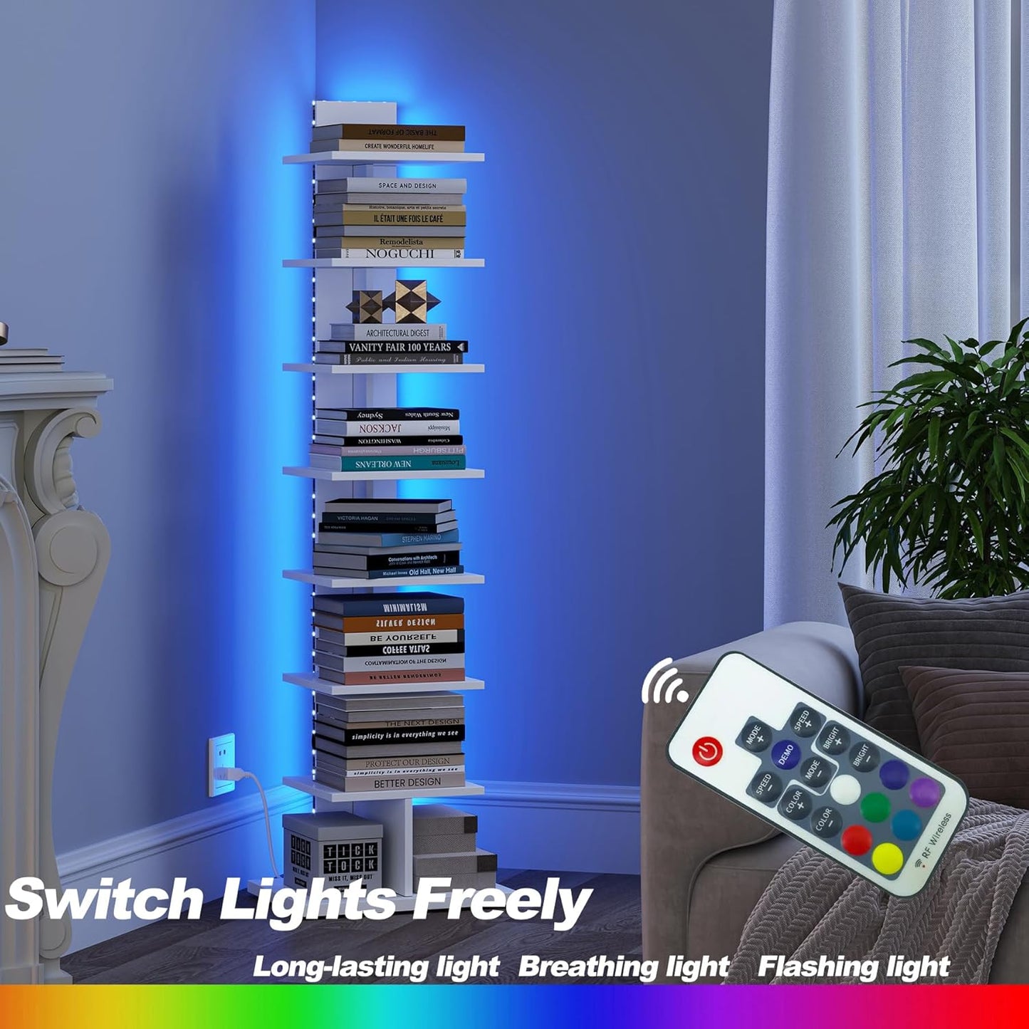 Narrow Bookshelf, 8-Tier Bookcase with LED Lights, Spine Book Shelf for Small Space, Corner Standing Shelf for Living Room, Office, Study, Entryway, White BS06BW008L