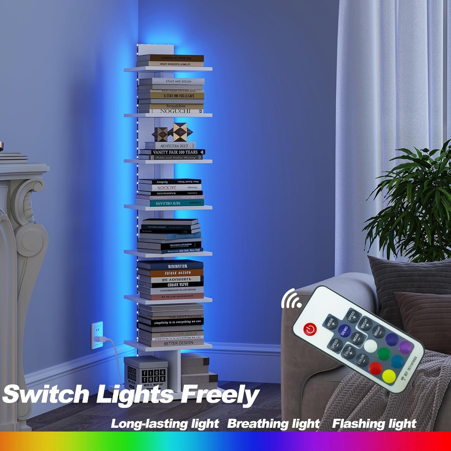 Narrow Bookshelf, 8-Tier Bookcase with LED Lights, Spine Book Shelf for Small Space, Corner Standing Shelf for Living Room, Office, Study, Entryway, White BS06BW008L