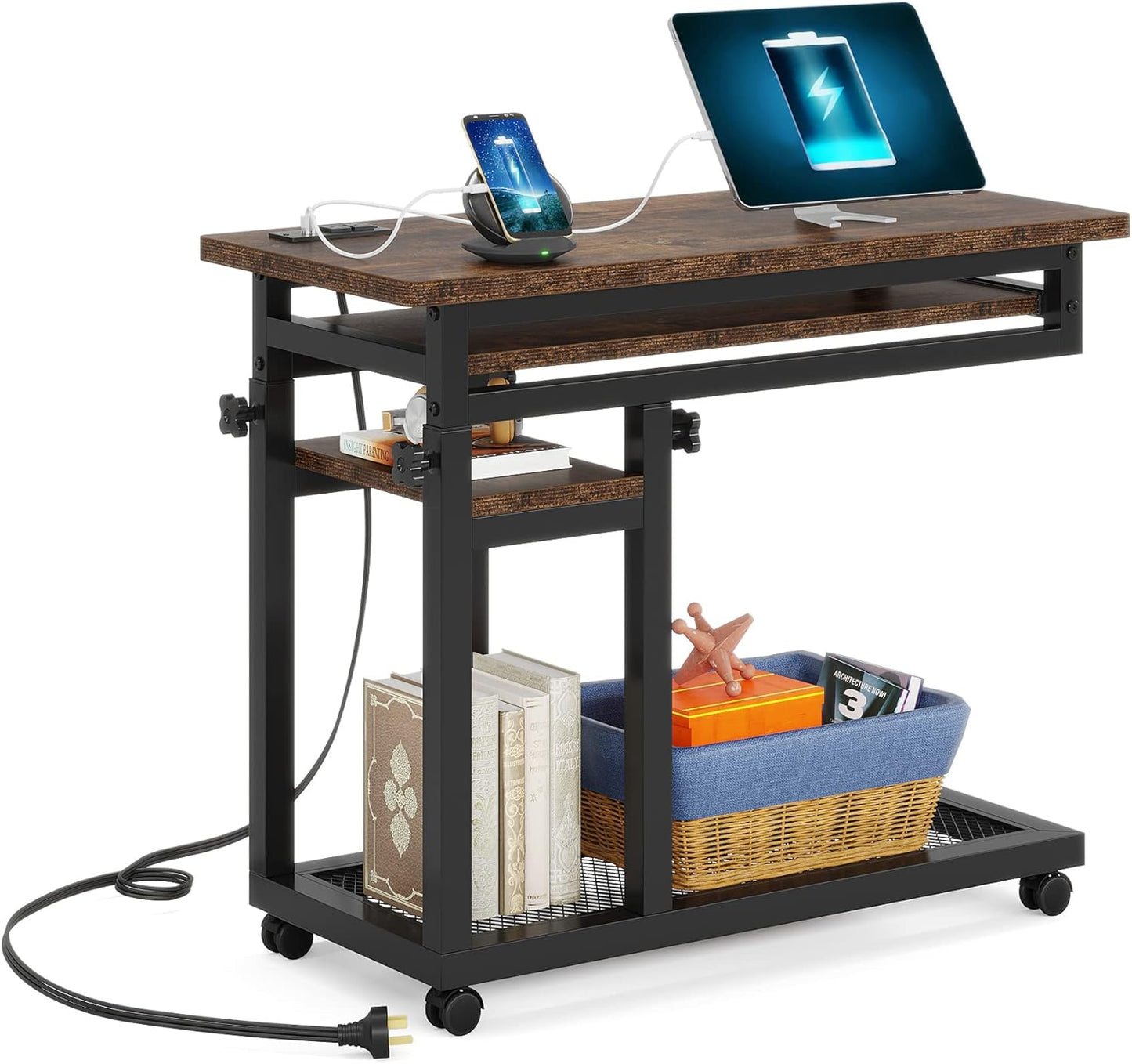 Small Portable Desk with Power Outlet, Height Adjustable Sofa Couch Bedside Laptop Table with Wheels, Mobile Standing Desk Rolling Computer Cart C Side Table with USB Ports