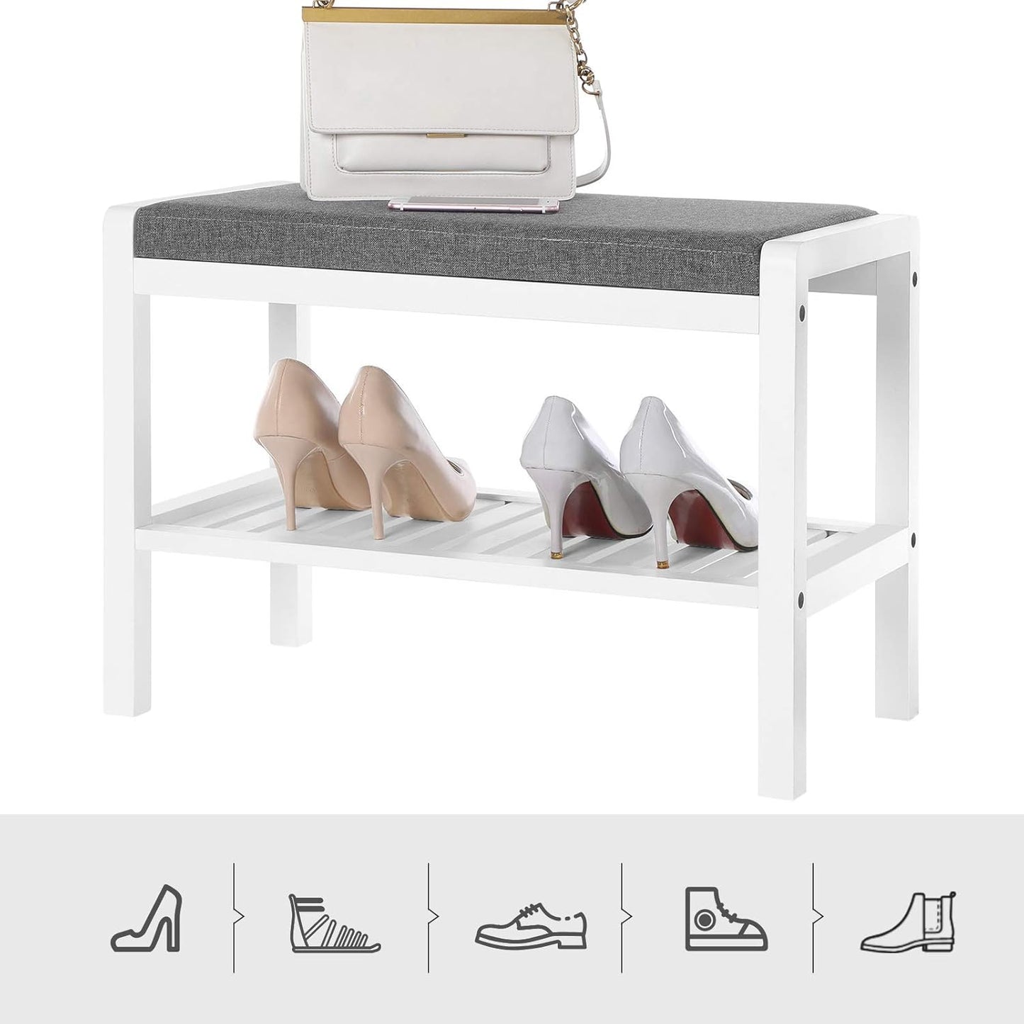 Shoe Rack Bench with Cushion Upholstered Padded Seat, Storage Shelf, Shoe Organizer, Holds up to 350 Lb, Ideal for Entryway Bedroom Living Room Hallway Garage Mud Room Gray and White ULBS65WN