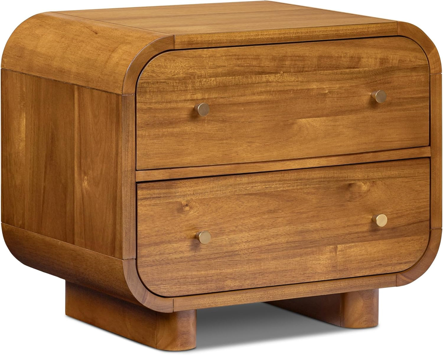 Oslo 22” Nightstand – Mid-Century Modern Bedside Table with Soft-Close Drawers, Solid and Veneered Acacia Wood Construction, Brass Handles, Light Brown Finish
