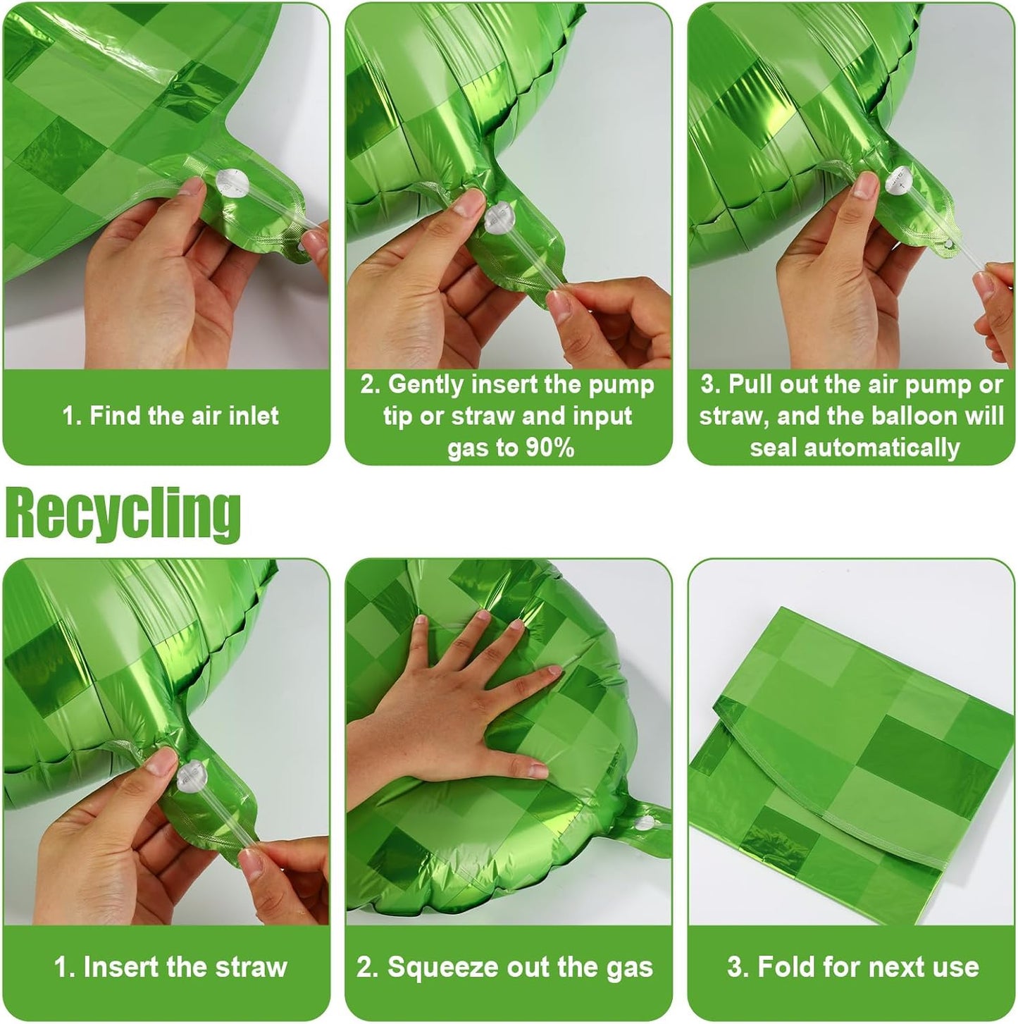12Pcs Green Pixel Balloons, 18In Pixel Style Aluminum Film Foil Balloons with Ribbons & Straws for Theme Birthday Party Decorations