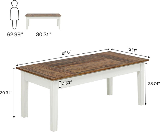 Dining Table for 4-6 People, 62-Inch Rectangular Kitchen Table with Solid Wood Legs, Modern Farmhouse Dinner Table for Dining Room, Kitchen, Living Room, Rustic Brown & Cream White