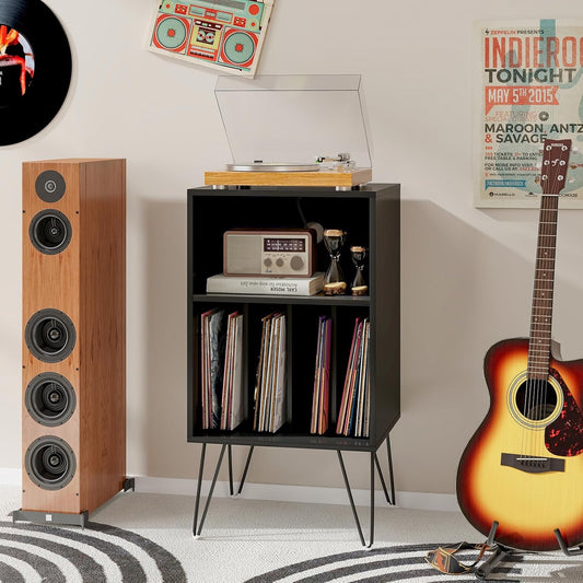 Record Player Stand with Charging Station, Turntable Cabinet with Metal Legs, Vinyl Record Storage Cabinet Holds up to 150 Albums for Living Room, Bedroom (Black)