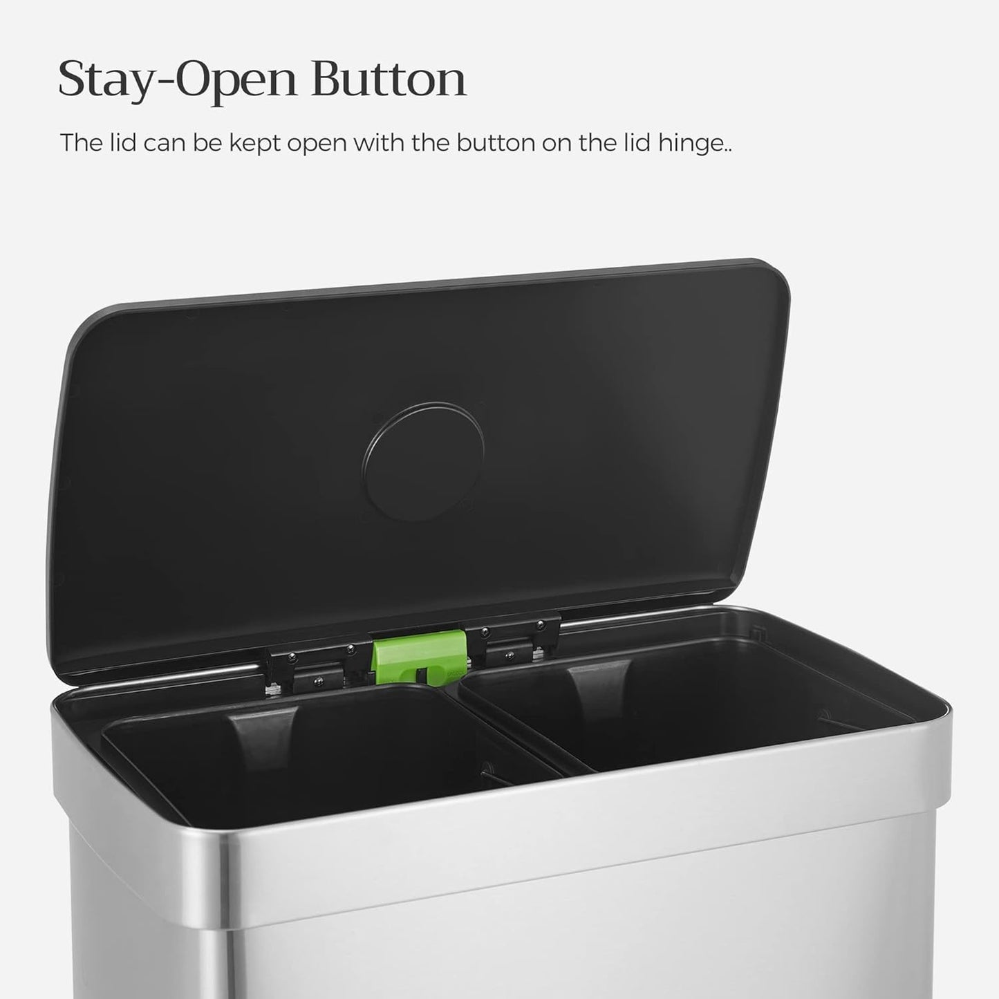 Kitchen Trash Can, 16 Gallon (2 X 8 Gallon) Dual Compartment Garbage Can, 60L Pedal Recycling Bin, Stays Open and Soft Close, Stainless Steel, 15 Bags Included, Metallic Silver ULTB202E01