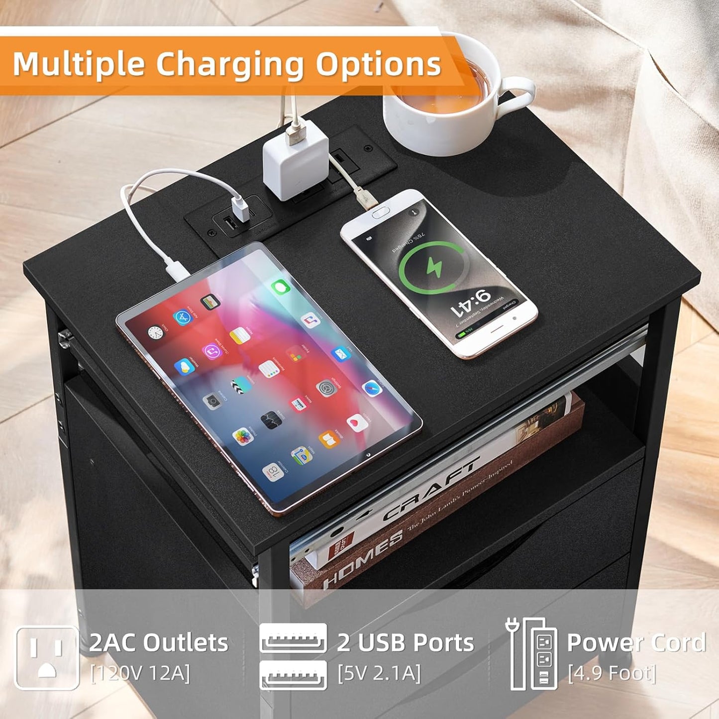 End Table with Charging Station, Narrow Side Table with 2 Drawers, Nightstand with 7 Color LED Light, Slim Bedside Table for Bedroom, Living Room, Small Spaces, Black