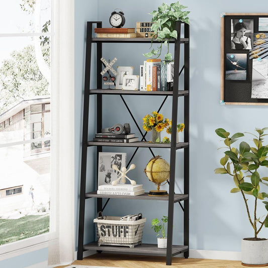 5-Tier Ladder Shelf, Industrial Leaning Bookcase, Wood and Metal Ladder Bookshelf for Living Room, Bedroom, Kitchen, Home Office (Grey Oak)