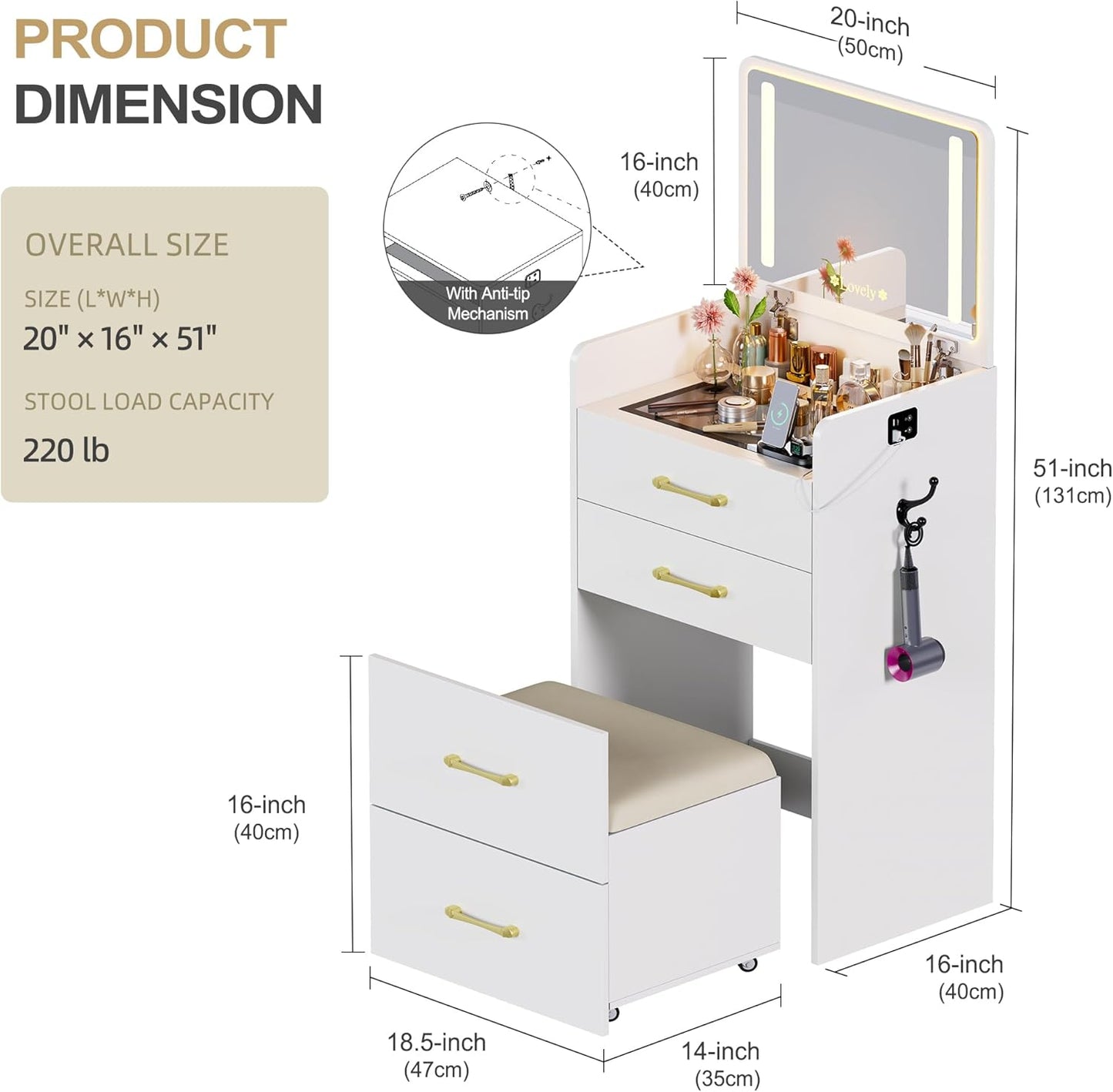 3 in 1 Vanity Desk with Flip Top Mirror and Lights,Glass Top Compact Vanity with 3 Drawers &Rolling Stool, Modern Small Makeup Vanity Table with Charging Station,Bedroom,White