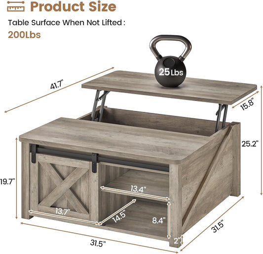 31.5" Lift Top Coffee Table with Storage, Square Coffee Tables for Living Room, Farmhouse Coffee Table with Large Hidden Storage Compartment and Adjustable Shelves, Grey