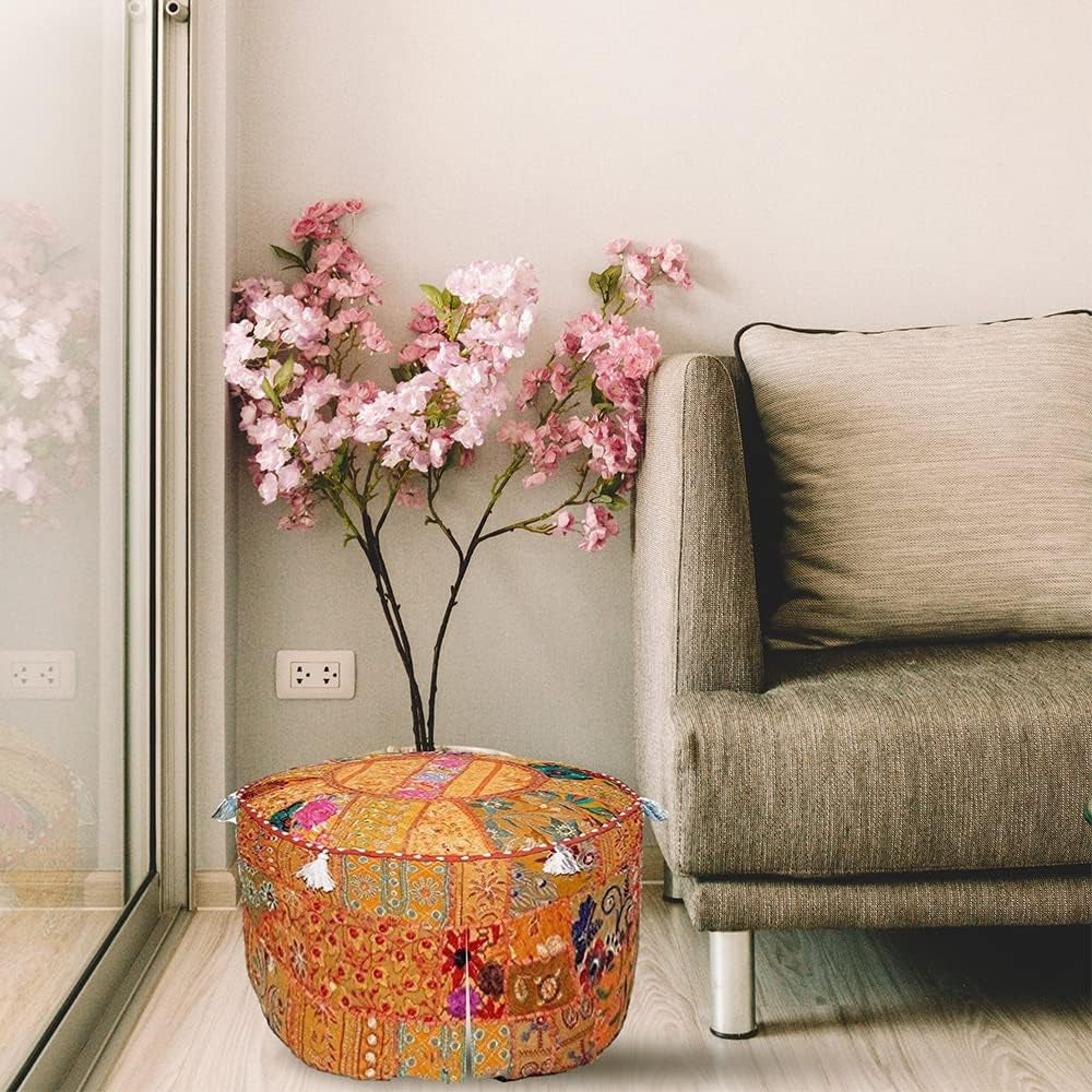 Indian Pouf Footstool Ethnic Embroidered Pouf Cover, Indian Cotton round Pouffe Ottoman Pouf Cover Pillow Ethnic Decor Art - Cover Only (Orange, 22X14)