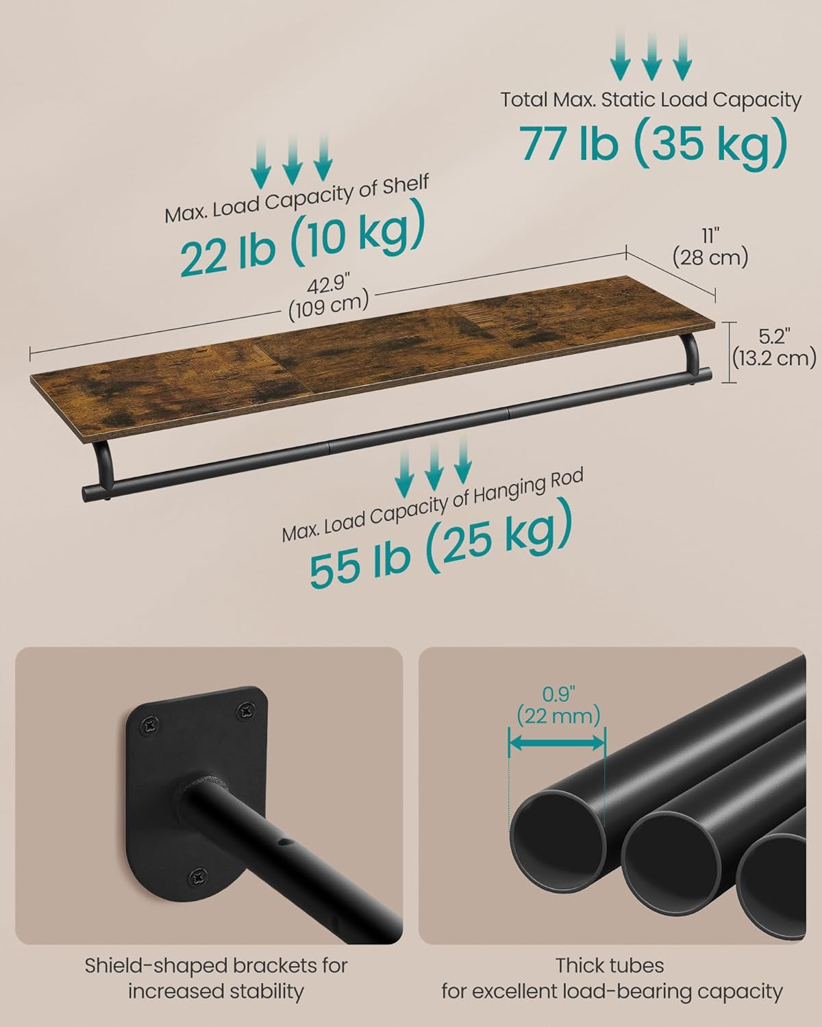 Clothes Rack with Top Shelf, Wall Mounted Clothing Rack, with Hanging Rod, Loads up to 77 Lb, 11 X 42.9 X 5.2 Inches, Entryway, Bedroom, Closet, Rustic Brown and Ink Black UHSR135B01