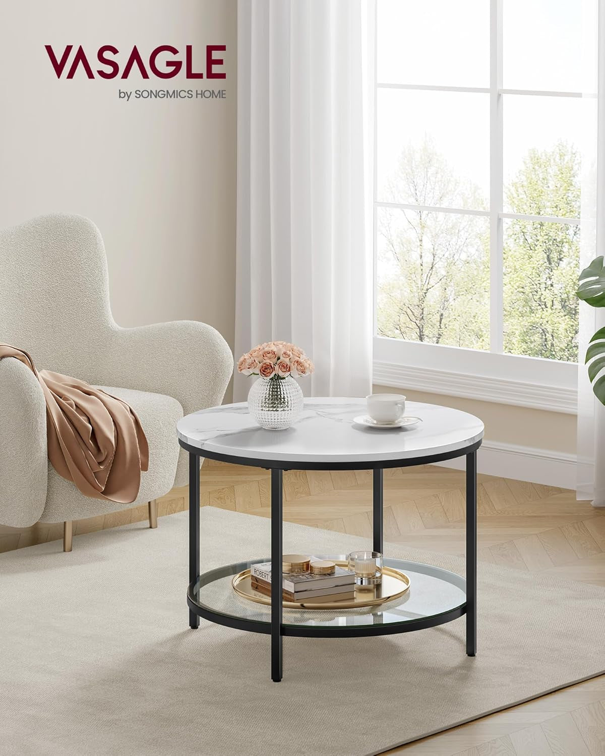 round Coffee Table, 2-Tier Small Coffee Table with Faux Marble Top and Glass Shelf, Modern Style, for Living Room, 25.6 X 25.6 X 18.1 Inches, Marble White and Ink Black ULCT072W13