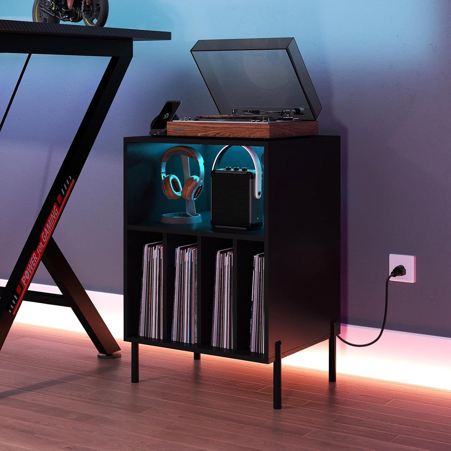 Record Player Stand with LED Lights & Charging Station, Turntable Stand with Record Holder, Record Player Table with Metal Legs, Vinyl Record Storage for Living Room, Music Room, Black