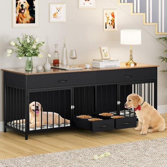 Double Dog Crate TV Stand with Dog Feeder, 74.8" Wooden Large Dog Kennel with Storage, Double Dog Crate Furniture for 2 Small Medium Dogs, Brown