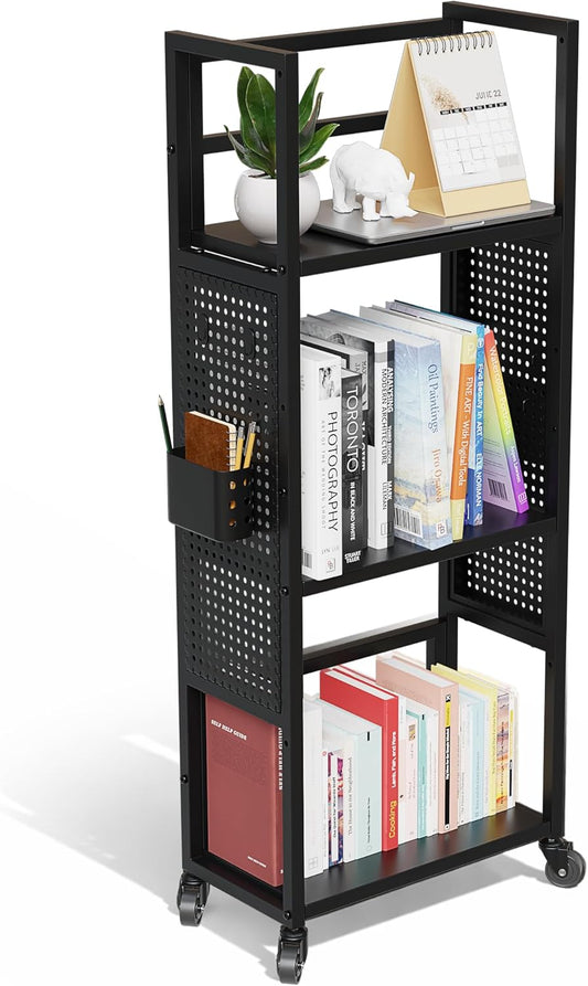 Rolling Book Cart with Wheels, 3-Tier Portable Bookshelf, Vinyl Record Storage Cart for Albums & Record Player Stand, Storage Organizer with Side Hooks & Bins for Classroom, Office, Books & Magazines